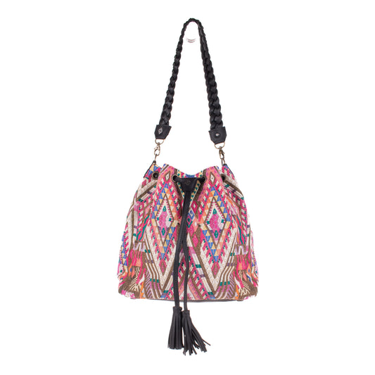 DRAWSTRING BUCKET BAG - OOAK HUIPIL - BLACK - NO. 19316