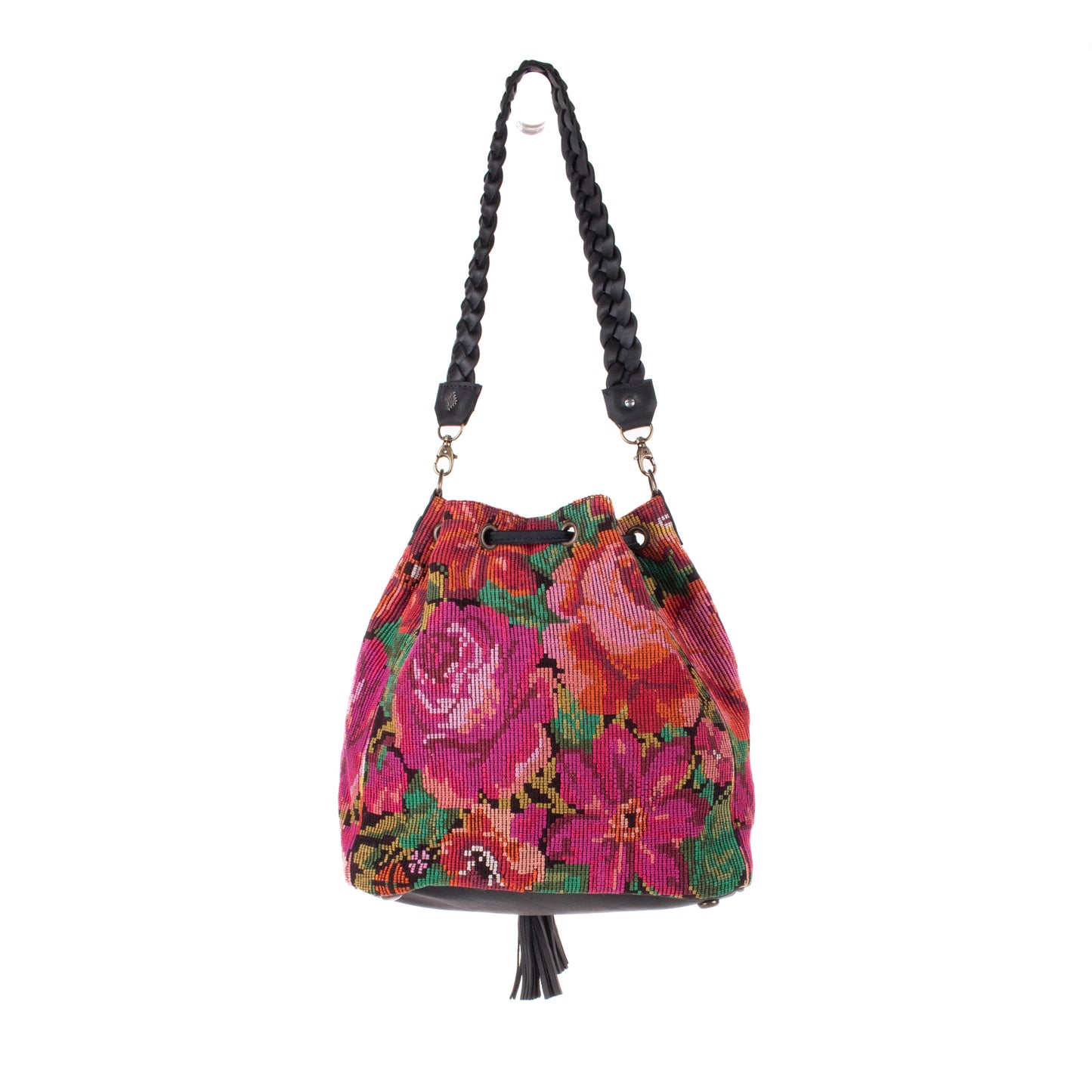 DRAWSTRING BUCKET BAG - OOAK HUIPIL - BLACK - NO. 19320