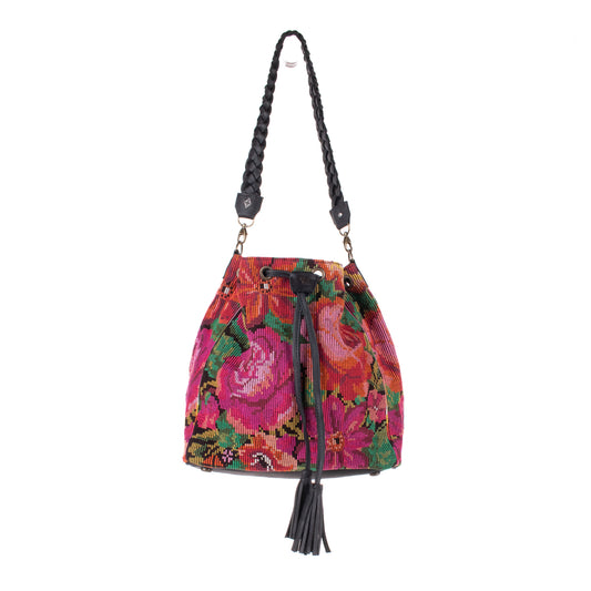 DRAWSTRING BUCKET BAG - OOAK HUIPIL - BLACK - NO. 19320