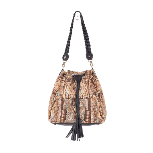 DRAWSTRING BUCKET BAG - OOAK HUIPIL - BLACK - NO. 19321