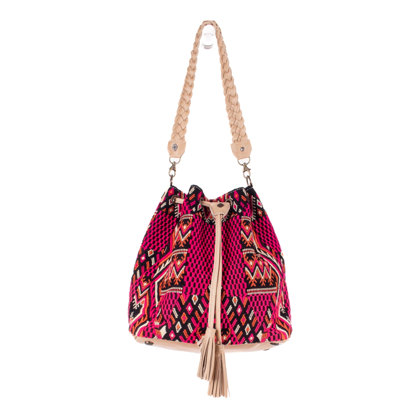 DRAWSTRING BUCKET BAG - OOAK HUIPIL - LATTE - NO. 19322