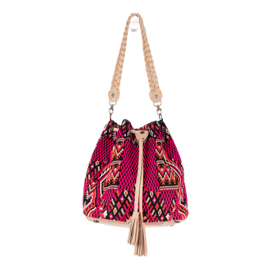 DRAWSTRING BUCKET BAG - OOAK HUIPIL - LATTE - NO. 19322