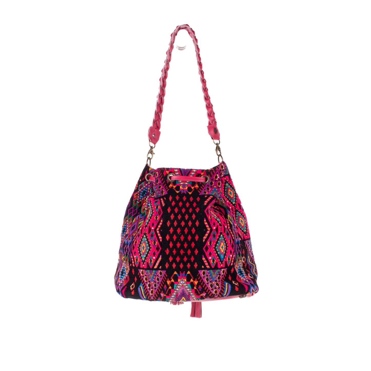 DRAWSTRING BUCKET BAG - OOAK HUIPIL - RASPBERRY - NO. 19325