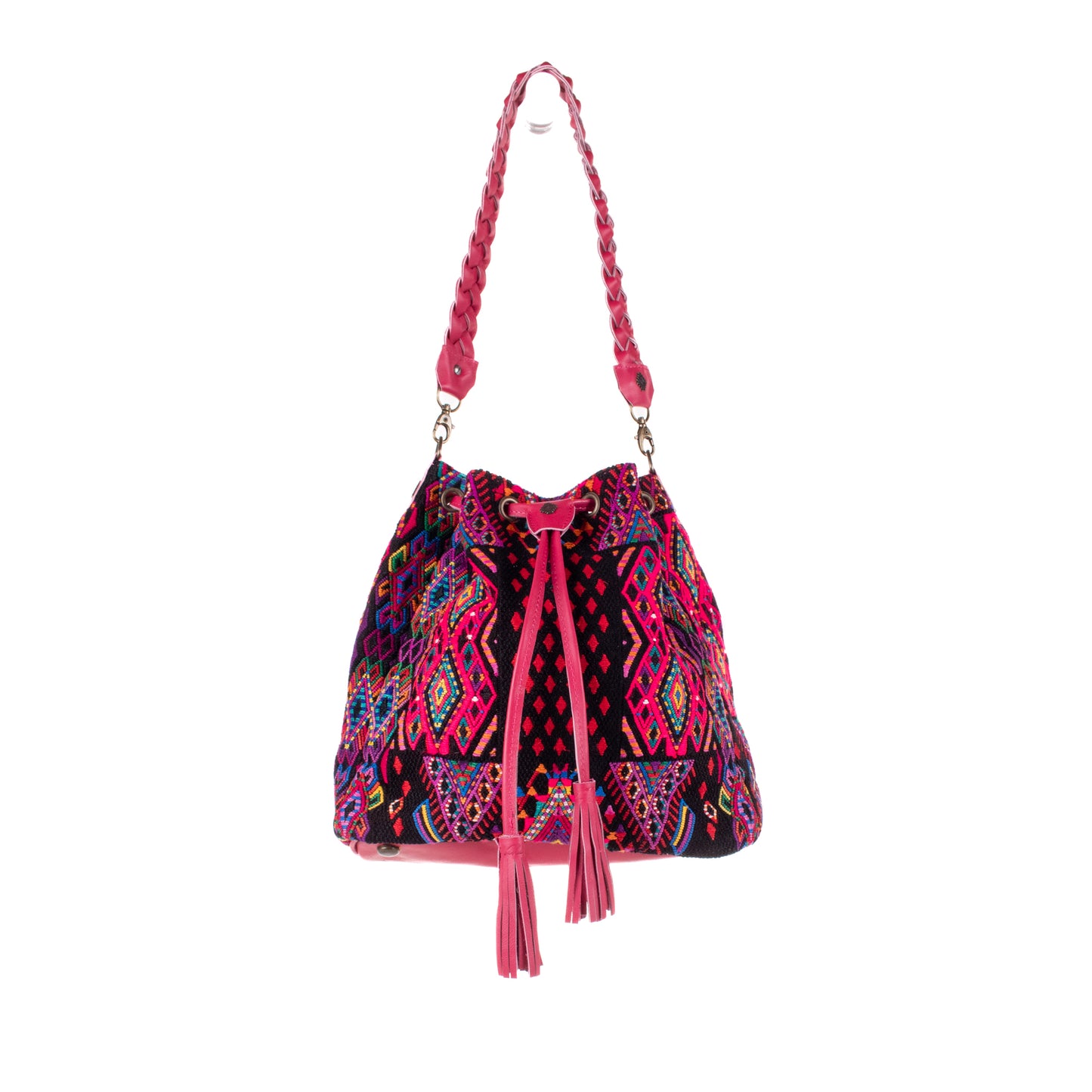 DRAWSTRING BUCKET BAG - OOAK HUIPIL - RASPBERRY - NO. 19325