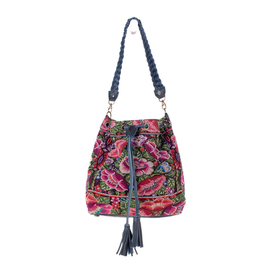 DRAWSTRING BUCKET BAG - OOAK HUIPIL - NAVY - NO. 19329