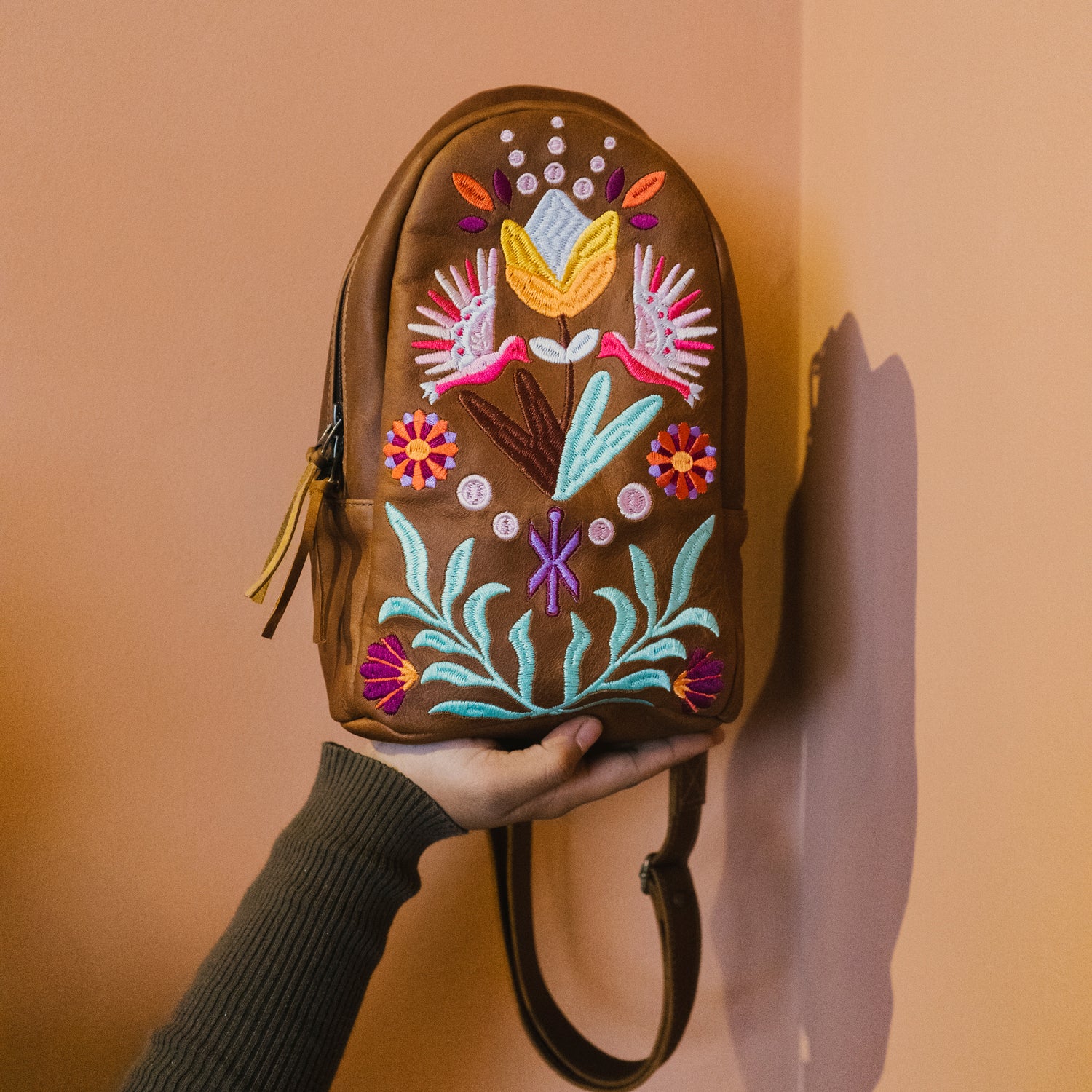 Embroidered clearance leather backpack