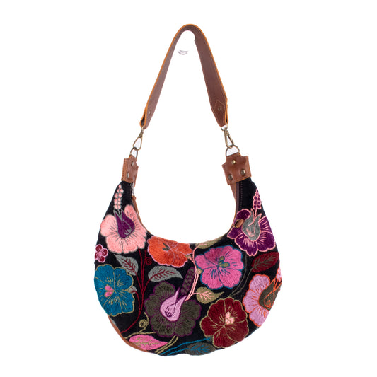 BOHO SADDLE BAG - H&S EMBROIDERED FLORAL - CAFE - NO. 200563