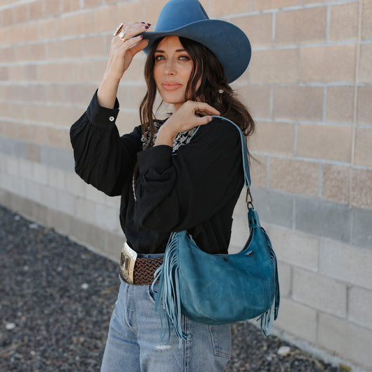 BOHO SADDLE BAG WITH FRINGE - SMALL - FULL LEATHER - CERULEAN