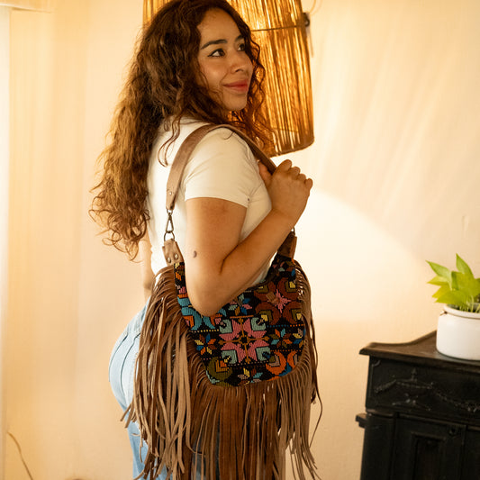 BOHO FRINGE SADDLE BAG - OOAK HUIPIL - FAWN - NO. 16628