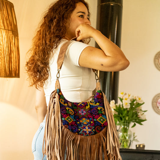 BOHO FRINGE SADDLE BAG - OOAK HUIPIL - FAWN - NO. 16630