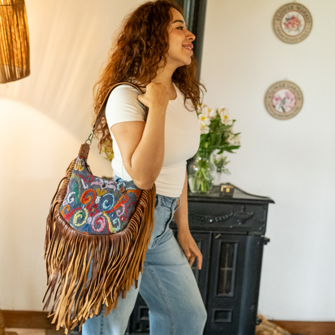 BOHO FRINGE SADDLE BAG - OOAK HUIPIL - HONEY - NO. 16633