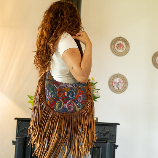 BOHO FRINGE SADDLE BAG - OOAK HUIPIL - HONEY - NO. 16633