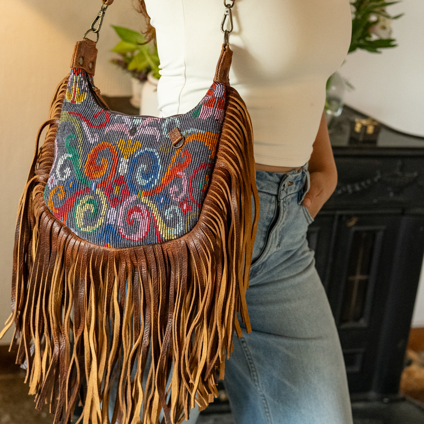 BOHO FRINGE SADDLE BAG - OOAK HUIPIL - HONEY - NO. 16633
