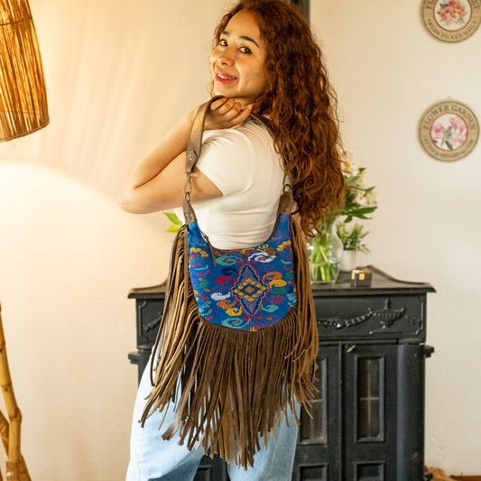 BOHO FRINGE SADDLE BAG - OOAK HUIPIL - FOSSIL - NO. 16635