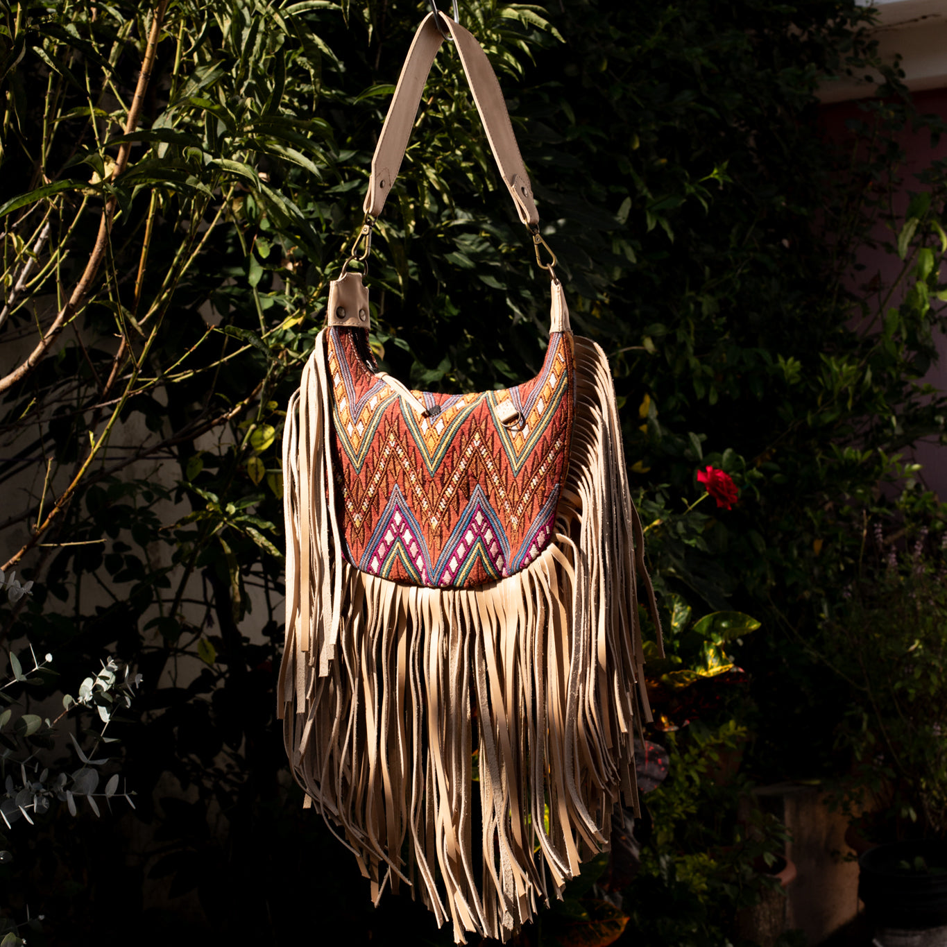 SMALL BOHO FRINGE SADDLE BAG - OOAK HUIPIL - LATTE - NO. 17038