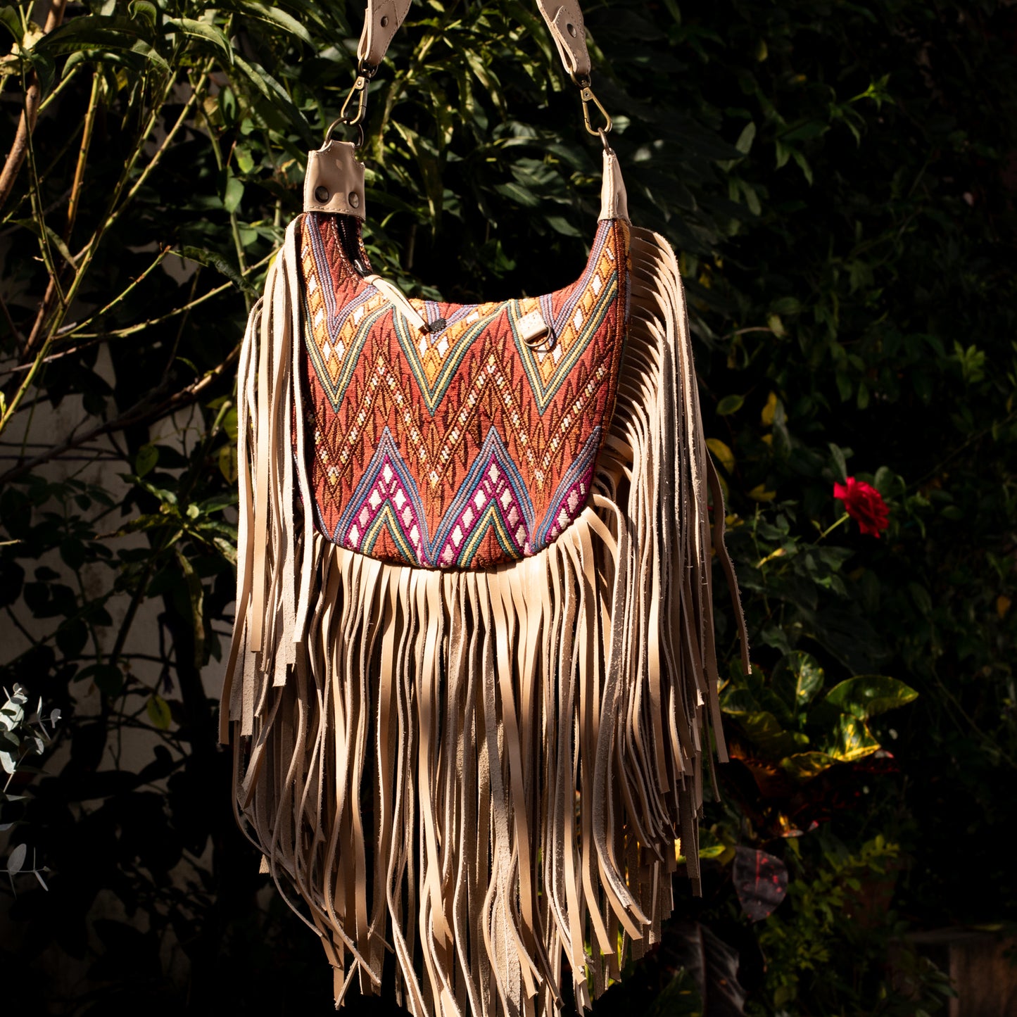 SMALL BOHO FRINGE SADDLE BAG - OOAK HUIPIL - LATTE - NO. 17038