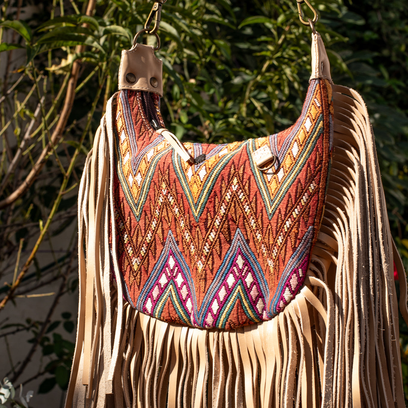 SMALL BOHO FRINGE SADDLE BAG - OOAK HUIPIL - LATTE - NO. 17038