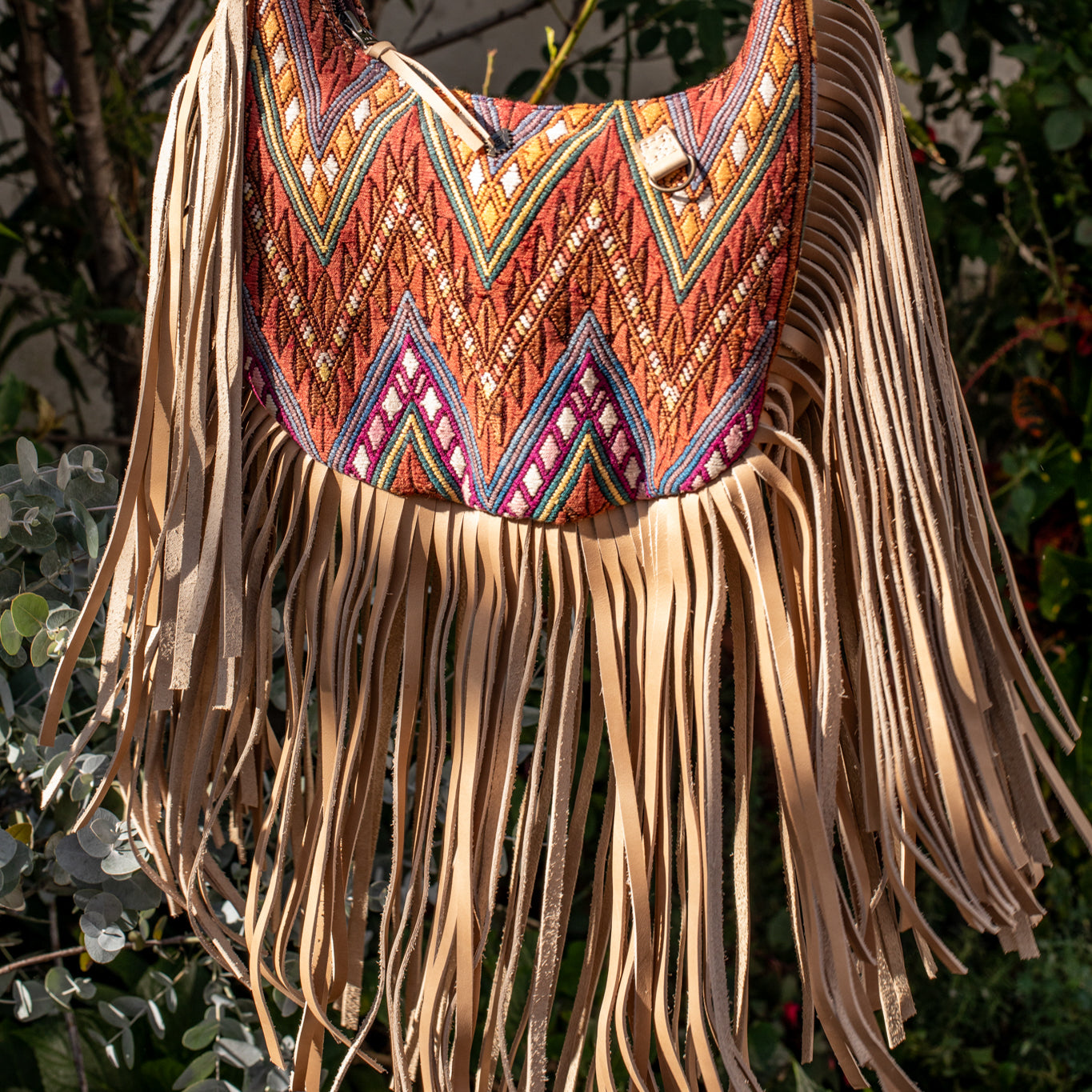 SMALL BOHO FRINGE SADDLE BAG - OOAK HUIPIL - LATTE - NO. 17038