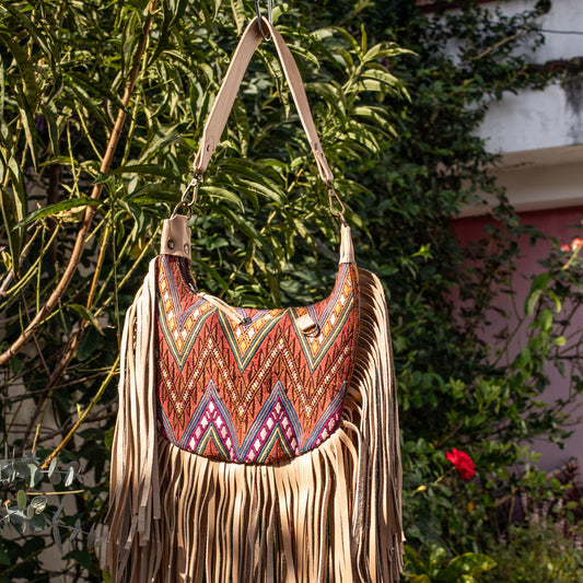 SMALL BOHO FRINGE SADDLE BAG - OOAK HUIPIL - LATTE - NO. 17038