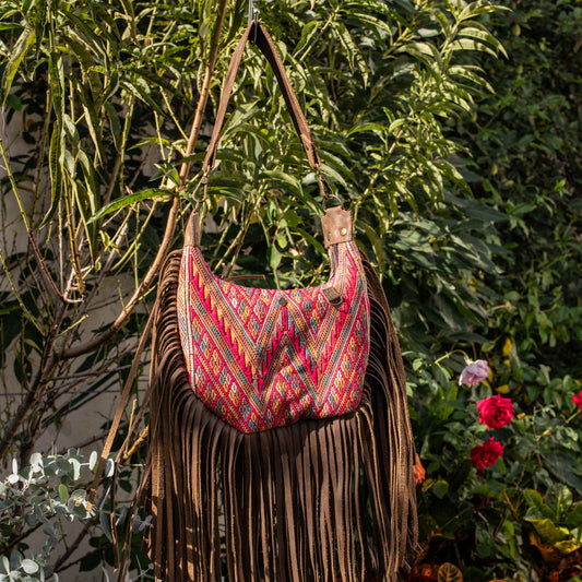 SMALL BOHO FRINGE SADDLE BAG - OOAK HUIPIL - FOSSIL - NO. 17036
