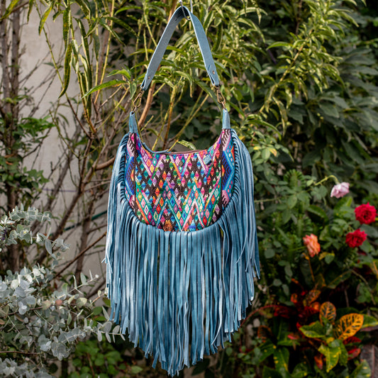 SMALL BOHO FRINGE SADDLE BAG - OOAK HUIPIL - CERULEAN - NO. 17037