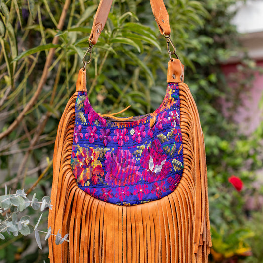 SMALL BOHO FRINGE SADDLE BAG - OOAK HUIPIL - BOURBON - NO. 17035