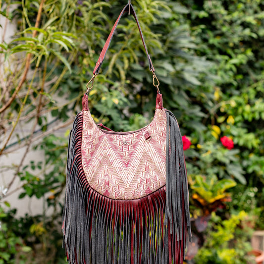 SMALL BOHO FRINGE SADDLE BAG - OOAK HUIPIL - AMARANTH - NO. 17034