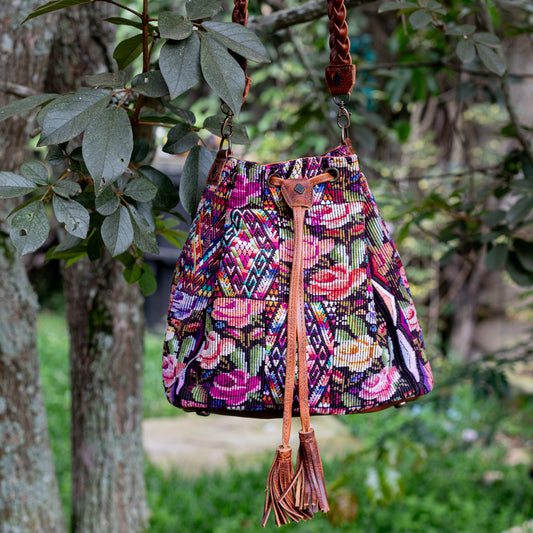 DRAWSTRING BUCKET BAG - OOAK HUIPIL - HONEY - NO. 17707