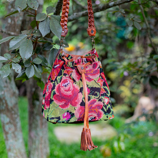 DRAWSTRING BUCKET BAG - OOAK HUIPIL - HONEY - NO. 17709