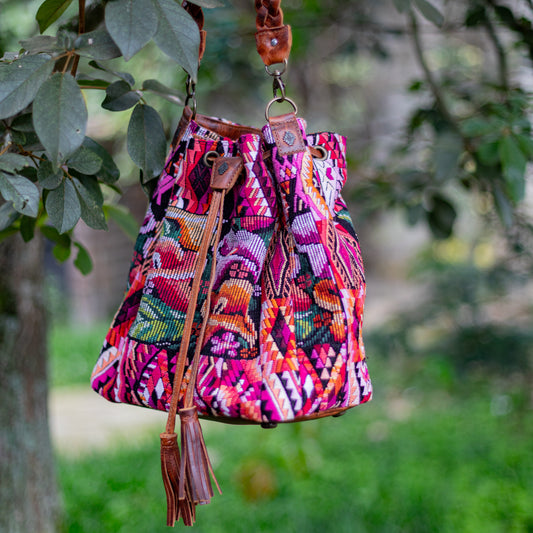 DRAWSTRING BUCKET BAG - OOAK HUIPIL - HONEY - NO. 17703
