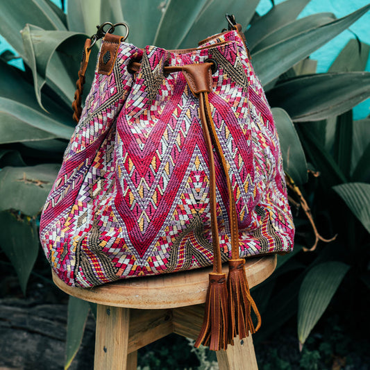DRAWSTRING BUCKET BAG - OOAK HUIPIL - CAFE - NO. 15696