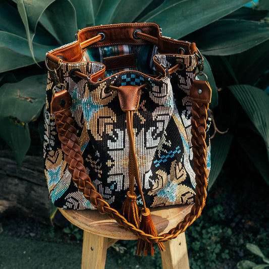 DRAWSTRING BUCKET BAG - OOAK HUIPIL - CAFE - NO. 15695