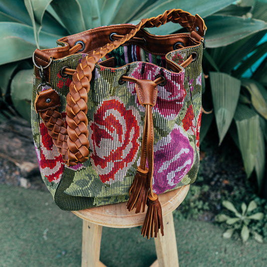 DRAWSTRING BUCKET BAG - OOAK HUIPIL - CAFE - NO. 15694