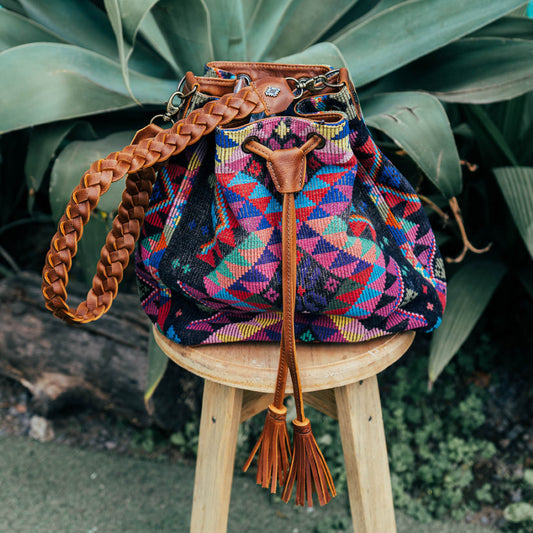 DRAWSTRING BUCKET BAG - OOAK HUIPIL - CAFE - NO. 15693