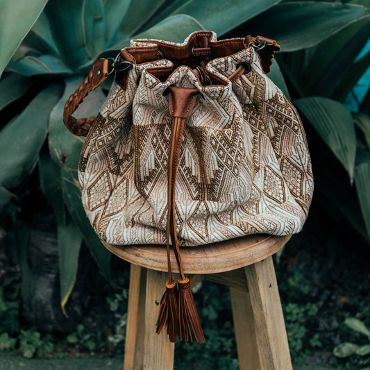 DRAWSTRING BUCKET BAG - OOAK HUIPIL - CAFE - NO. 15697