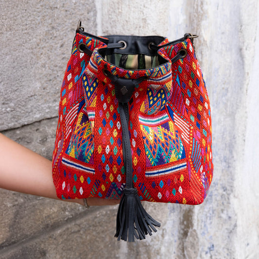 DRAWSTRING BUCKET BAG - OOAK HUIPIL - BLACK - NO. 16438