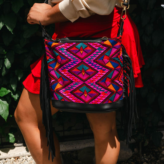 BEATRIZ MINI CDB WITH FRINGE - OOAK HUIPIL - BLACK - NO. 15894