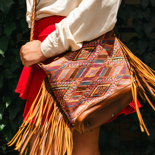 BEATRIZ MINI CDB WITH FRINGE - OOAK HUIPIL - CAFE - NO. 15886