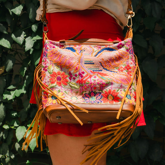 BEATRIZ MINI CDB WITH FRINGE - OOAK HUIPIL - CAFE - NO. 15887
