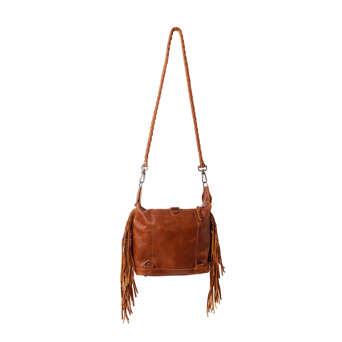 H&S BEATRIZ MINI CONVERTIBLE DAY BAG WITH FRINGE - OOAK PANEL - CAFE - NO. 12878
