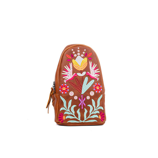ALI'S STASH - CROSSBODY SLING - EMBROIDERED LEATHER - CAFE - NO. A-10030