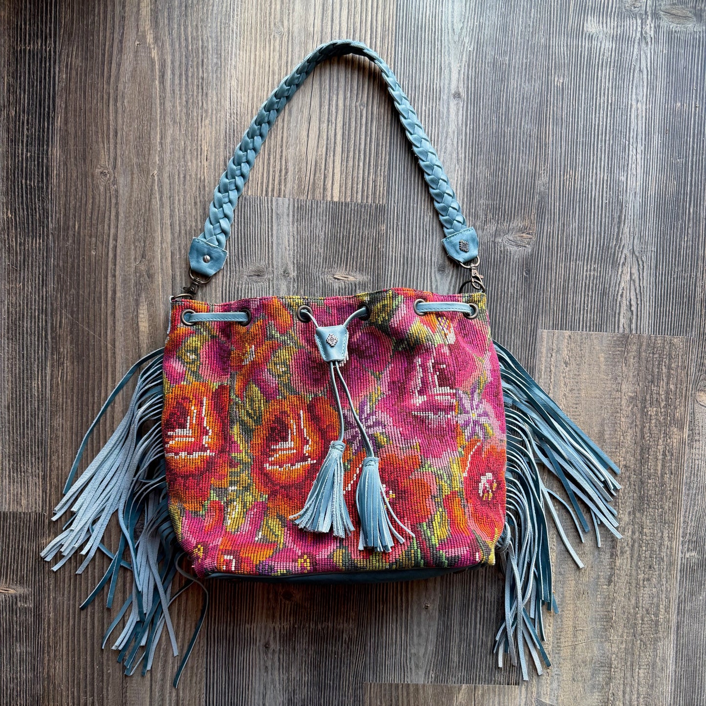 ALI'S STASH - FRINGE BUCKET BAG - OOAK HUIPIL - CERULEAN - NO. A-10009