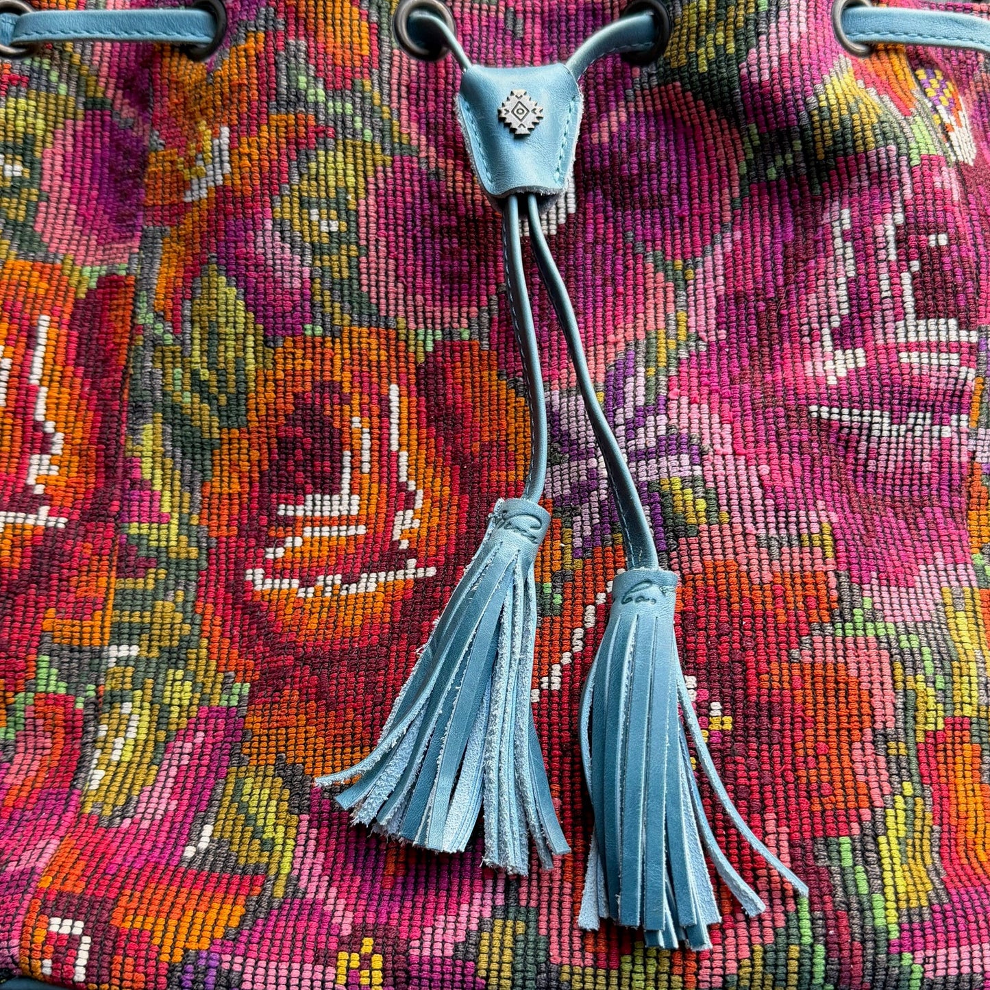 ALI'S STASH - FRINGE BUCKET BAG - OOAK HUIPIL - CERULEAN - NO. A-10009