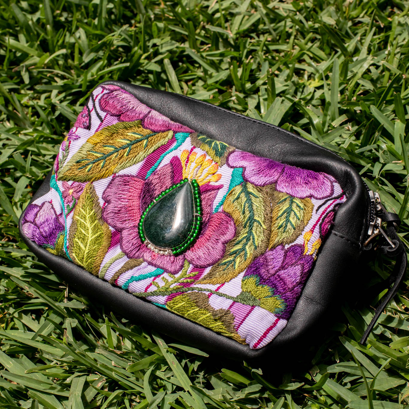 WANDER CROSSBODY BAG + STRAP SET - OOAK HUIPIL WITH JADE - BLACK - NO. 16726