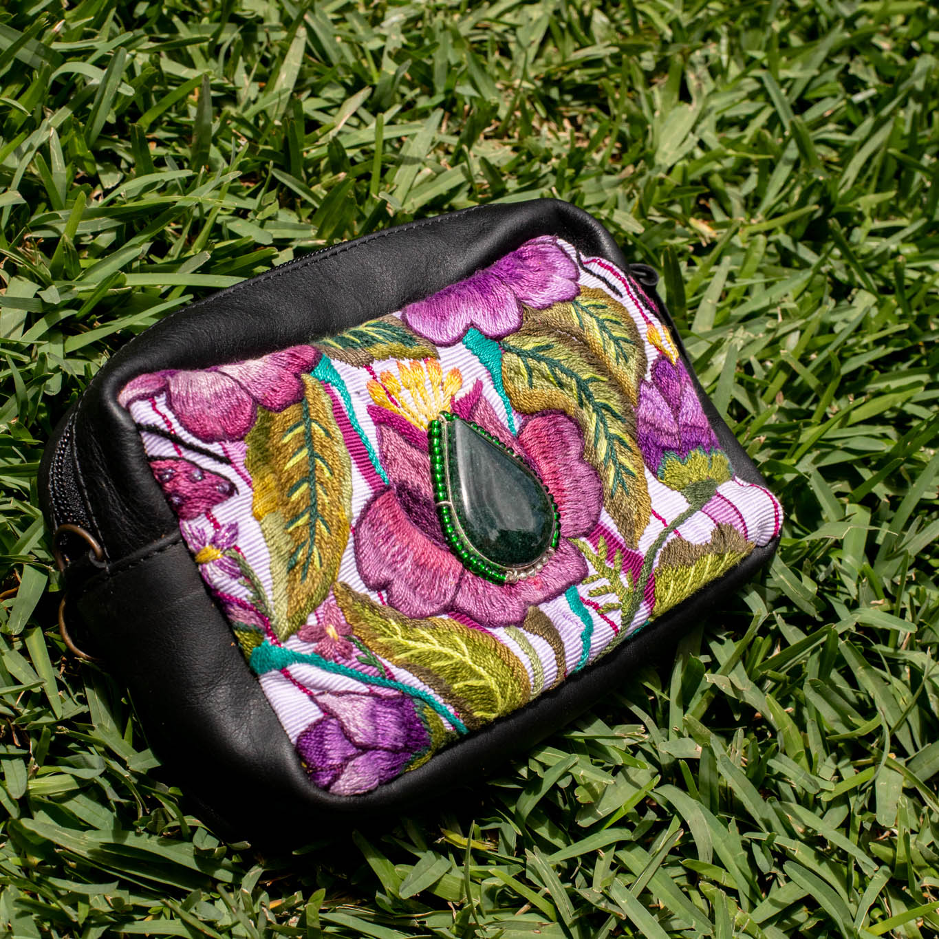 WANDER CROSSBODY BAG + STRAP SET - OOAK HUIPIL WITH JADE - BLACK - NO. 16726