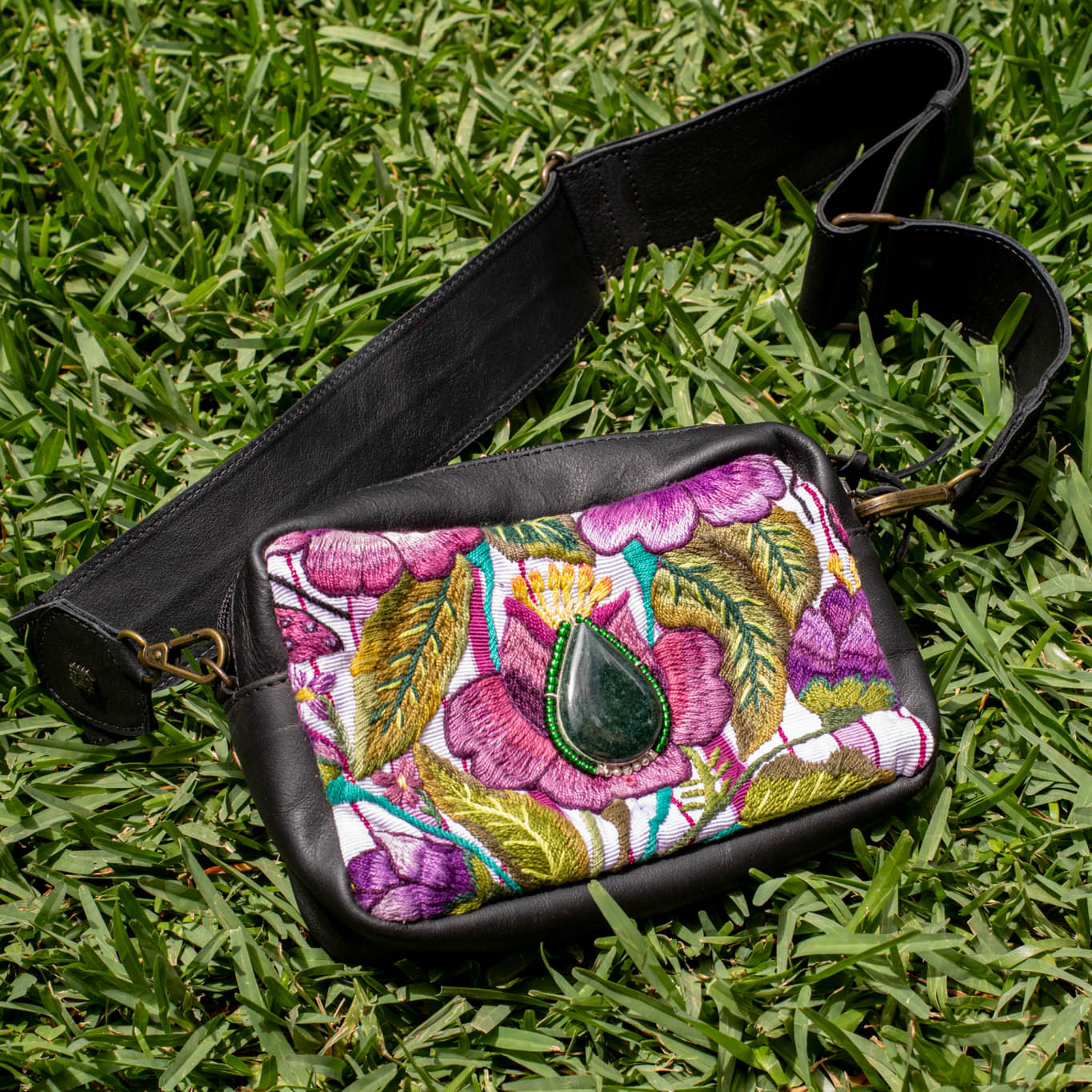 WANDER CROSSBODY BAG + STRAP SET - OOAK HUIPIL WITH JADE - BLACK - NO. 16726