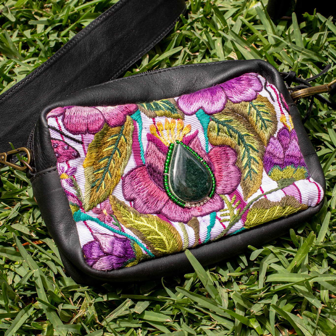 WANDER CROSSBODY BAG + STRAP SET - OOAK HUIPIL WITH JADE - BLACK - NO. 16726