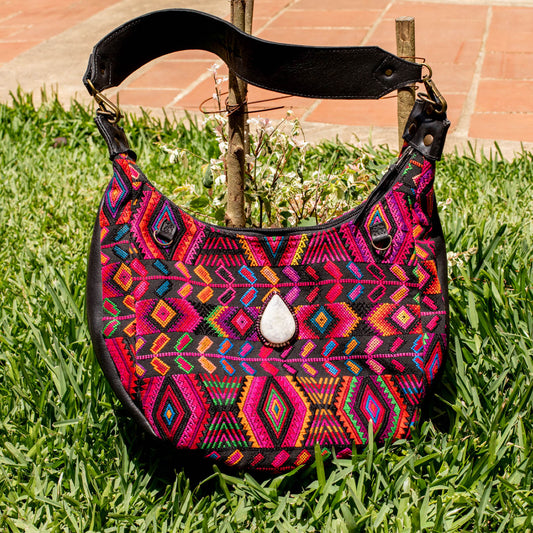 BOHO SADDLE BAG WITH JADE - OOAK HUIPIL - BLACK - NO. 16716