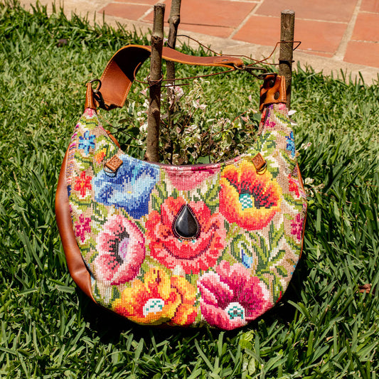 BOHO SADDLE BAG WITH JADE - OOAK HUIPIL - CAFE - NO. 16718