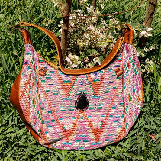 BOHO SADDLE BAG WITH JADE - OOAK HUIPIL - CAFE - NO. 16717